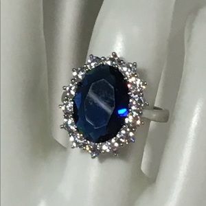 Blue Sapphire Princess Diana Lab Created Sterling Plated Valentine Gift Size 7